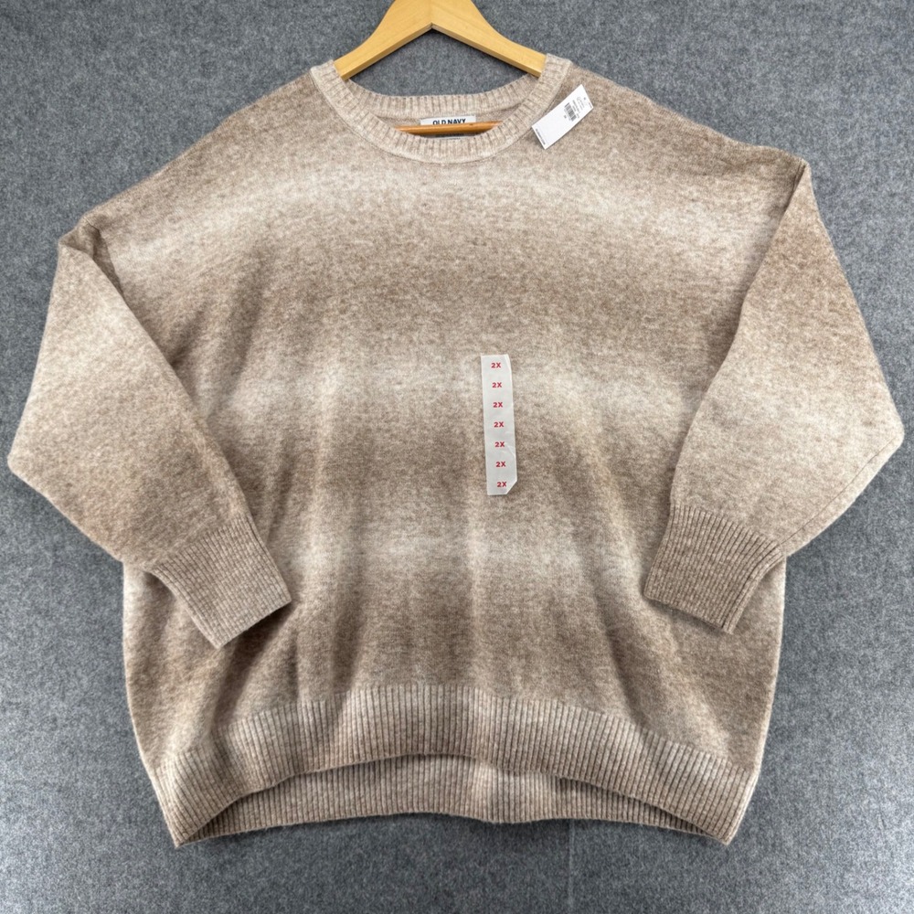 Old Navy Sweater Womens 2X Beige Ombre Crewneck Oversized Knit Wool Blend NEW
